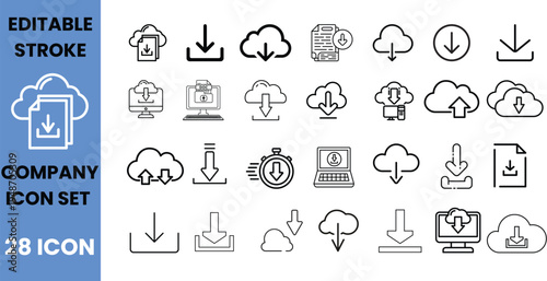 Company icon set: cloud download, upload, file transfer, data storage symbols for business
