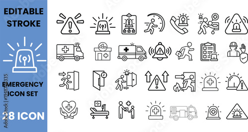 Emergency icons set: ambulance, siren, warning sign, first aid, safety symbols for critical situations