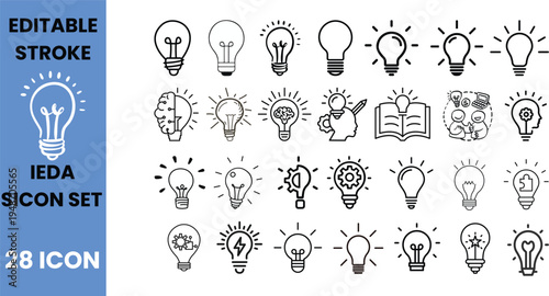 Idea light bulb icons set: innovation, creativity, brainstorming, solution symbols, idea generation, problem solving
