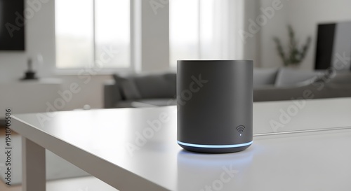 A gray cylindrical device on a white table in a modern living room