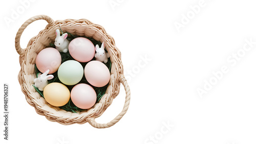Top view of pastel Easter eggs and small bunnies in wicker basket isolated on transparent background PNG
