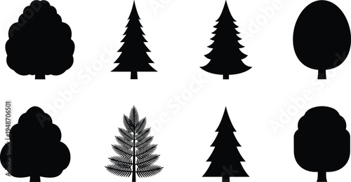 Black tree silhouette collection featuring pine, fir, evergreen, and deciduous forest trees isolated on white background for nature landscape design.