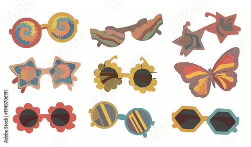 Groovy hippie sunglasses vector collection retro psychedelic boho eyewear isolated on white