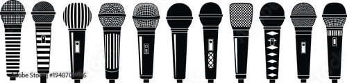 Collection of black microphone silhouettes for podcasting, singing, karaoke, news broadcasting, and vocal performance, isolated on a clean white background.
