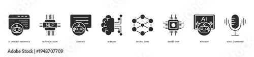 AI Agent Icon Set. Icon set includes Ai Chatbot Interface, Nlp Processor, Chatbot, Ai Brain, Neural Core, Smart Chip, Ai Robot, Voice Command.