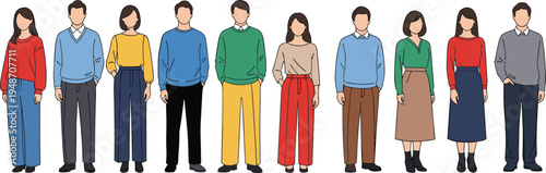 Diverse group of people standing together, casual fashion men and women characters, flat style illustration isolated on white background