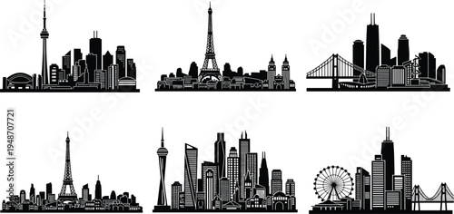 Collection of world city skyline silhouettes featuring famous landmarks like Eiffel Tower, CN Tower, and bridges for travel and urban,