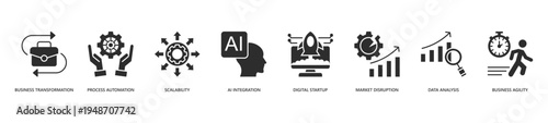 Business Transformation Icon Set. Icon set includes Business Transformation, Process Automation, Scalability, Ai Integration, Digital Startup, Market Disruption, Data Analysis, Business Agility.