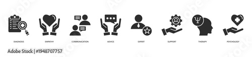 Counseling Icon Set. Icon set includes Diagnosis, Empathy, Communication, Advice, Expert, Support, Therapy, Psychology.