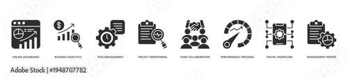 Online Business Management Icon Set. Icon set includes Online Dashboard, Business Analytics, Task Management, Project Monitoring, Team Collaboration, Performance Tracking, Digital Workflow.