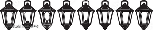 Eight vintage lanterns aligned in a row on a white background Vector
