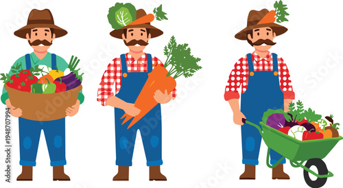 Farmer cartoon illustration set, vegetable harvest vector, agriculture design art, farming lifestyle icon, food production symbol, rural character graphic
