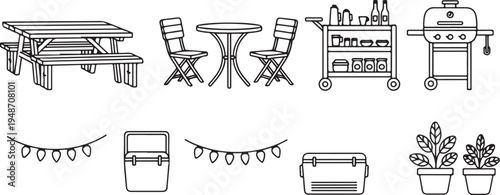 Outdoor patio set with picnic table, grill, and decorations Vector