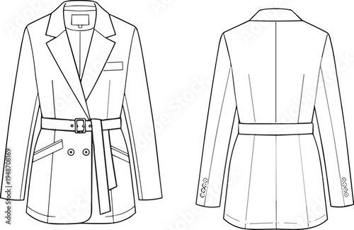 Fashion blazer technical illustration, tailored jacket vector, garment construction design art, double-breasted coat icon, belt detail symbol, couture clothing graphic