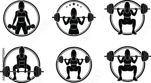Female weightlifting silhouettes, woman strength training exercises, barbell squat workout icons, fitness gym athlete collection isolated on white background