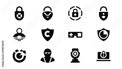 Cybersecurity icons set including padlock shield hacker and protection symbols for business and technology concepts