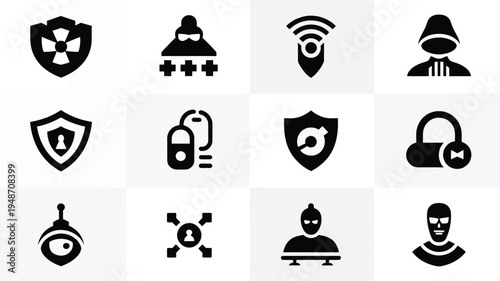 Cyber security icons bundle with shield lock and hacker symbols for business and technology concepts