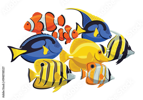 Vibrant school of tropical saltwater fish swimming together in a clean aquarium, showcasing diverse marine life and colorful patterns, perfect for oceanographic or aquatic themes