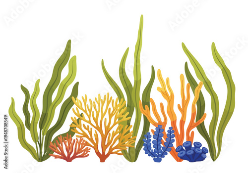 Vibrant Underwater Coral Reef Scene with Lush Green Seaweed and Colorful Aquatic Flora