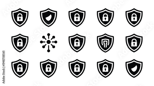 Cybersecurity icons set with shield and lock symbols for protection and safety concepts
