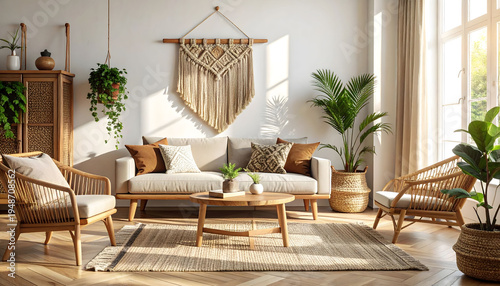 Cozy minimalist boho living room with white walls jute rug woven pendant lamp interior design wallpaper background