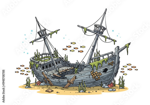 A vintage, weathered, wooden shipwreck, partially submerged in the ocean, with algae and marine life, showcasing a scene of maritime history and adventure