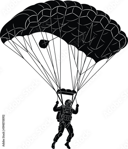 Paratrooper parachute silhouette, military skydiver landing, airborne soldier with parachute canopy, tactical airborne operation isolated on white background