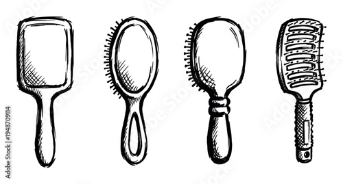 Hair care tools vector icon set featuring hairbrush, paddle brush, oval brush, and vent brush, presented in hand drawn and outline illustration styles