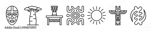African culture vector icon set featuring mask, baobab tree, drum, sun, totem pole, and symbol, presented in outline and minimalist illustration styles