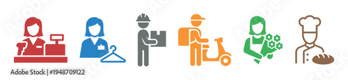 Professions vector icon set featuring cashier, retail worker, delivery worker, delivery driver, florist, and baker, presented in solid glyph, flat color, and outline illustration styles
