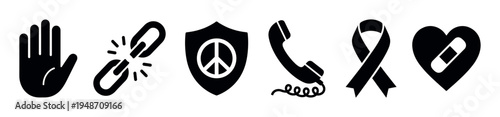 Awareness and support vector icon set featuring hand, chain, shield, telephone, ribbon, and heart, presented in solid glyph and minimalist illustration styles