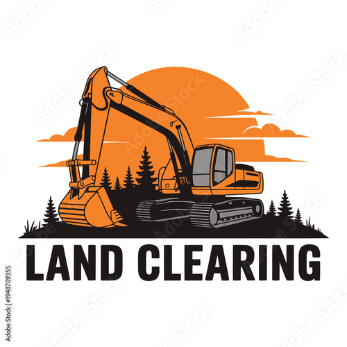 Orange excavator machine logo design representing professional land clearing services for industry