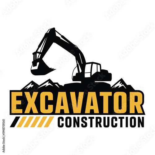 A professional construction logo design featuring an excavator silhouette against mountain peaks