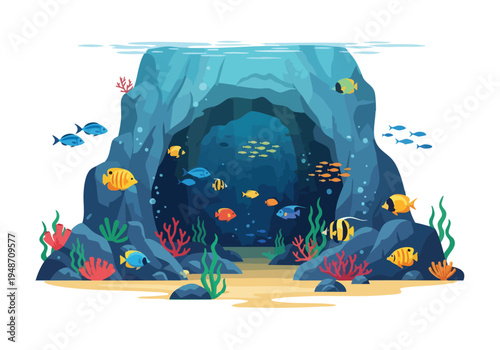 Underwater cave teeming with diverse marine life, coral reefs, and schools of fish illuminating the ocean depths