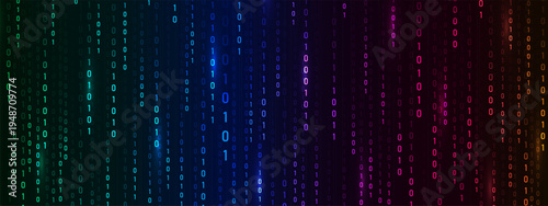 Data flow with glowing light effect. Programming symbols on futuristic backdrop. Neon binary Rain matrix. Cyber technology and abstract security art. Vector illustration.