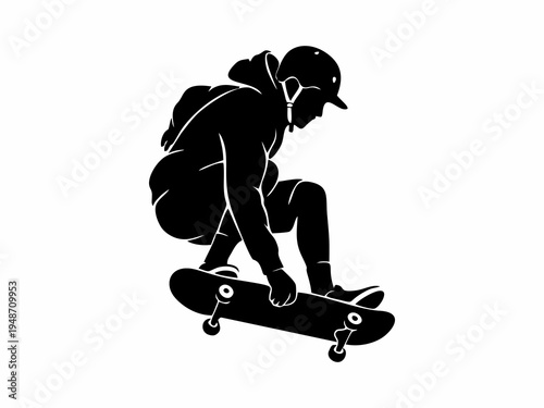 Black silhouette of a skateboarder performing a grab trick on white background