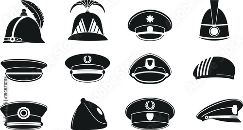 Military hats silhouette illustration, police vector, ceremonial clipart, uniform design, headgear motif, rank icon, tradition symbol, cultural graphic, concept art