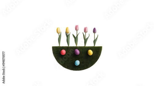 Spring tulips with Easter eggs in a green moss bowl isolated on transparent background PNG, table centerpiece

