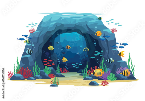 Underwater cave exploration with vibrant coral reefs and diverse marine life, showcasing a breathtaking aquatic ecosystem