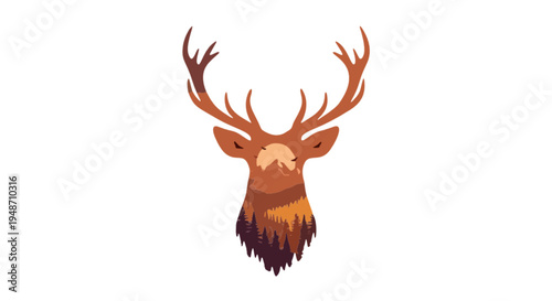 A stylized brown and red deer stag head silhouette with large antlers and horns represents wild nature and Christmas elk wildlife in this vector animal illustration isolated on white