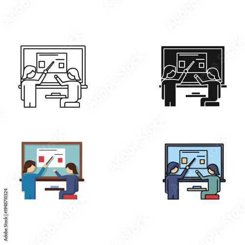 Flat vector illustration set of business and web design icons featuring computer technology symbols for internet mobile app data and cloud network signs on a laptop screen