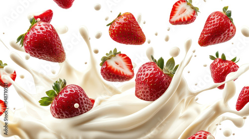 Fresh strawberries splashing into creamy milk on transparent background