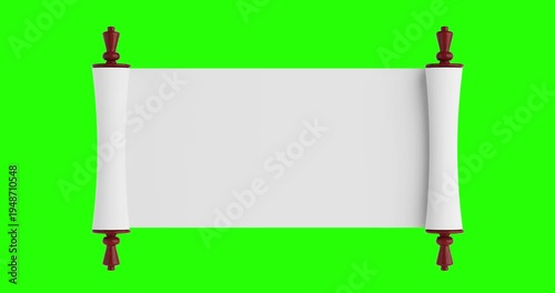 4k Resolution Video:Blank Parchment Scroll Mockup With Wooden Handles Opening On Green Screen Chroma Key Background For Message Or Announcement Design with Alpha Matte