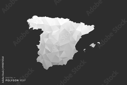Spain Map - Polygon style vector illustration in black, gray and white low poly geometric design, minimal silhouette, isolated for infographic.