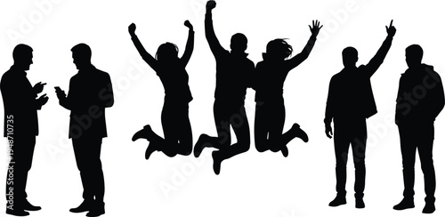 People silhouettes collection, jumping celebrating friends, talking men characters, happy crowd figures isolated on white background illustration set