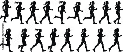 Running silhouette sequence illustration, athletic motion vector, sports training design art, biomechanics icon, gait cycle graphic, exercise posture symbol, fitness activity figure