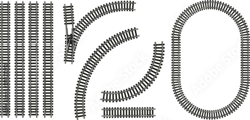 Railway tracks collection, train rail track elements, straight curved railroad lines, transportation infrastructure icons isolated on white background