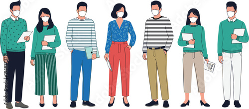 Students wearing face masks, college students holding books, modern education characters, young people with masks isolated on white background