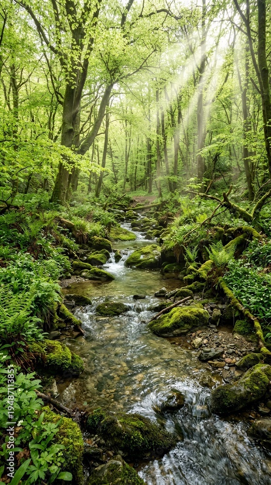 Fototapeta premium Sunlight filters through a lush green forest, illuminating a clear, mossy stream flowing over stones in a serene valley.