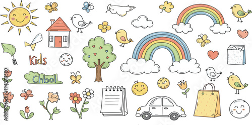 Cute Kids Doodle Vector Set Featuring Rainbow, Sun, Birds, Flowers, Car, and Playful Childlike Elements for Nursery Design, Children Illustration, and Education Graphics